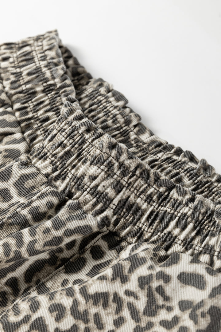Brown Leopard Print Raw Hem Elastic Waist Loose Pull On Jeans - Lulubelles Clothing and Accessories