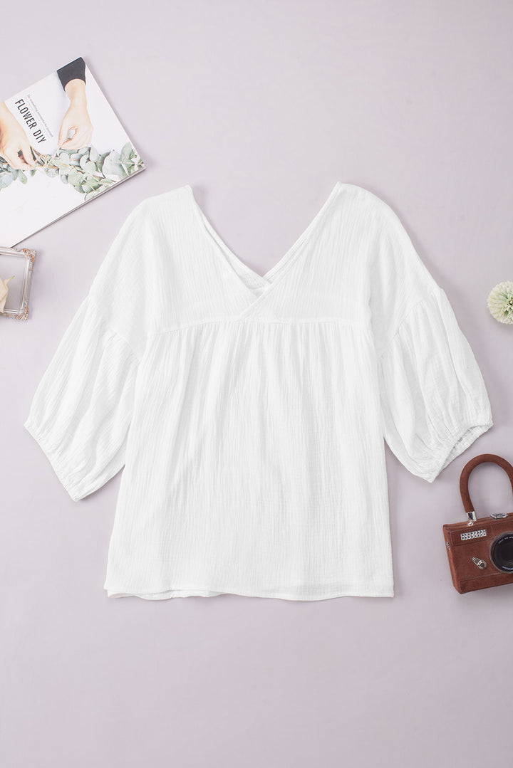 White Plain Gauze Cotton V Neck Top for Women