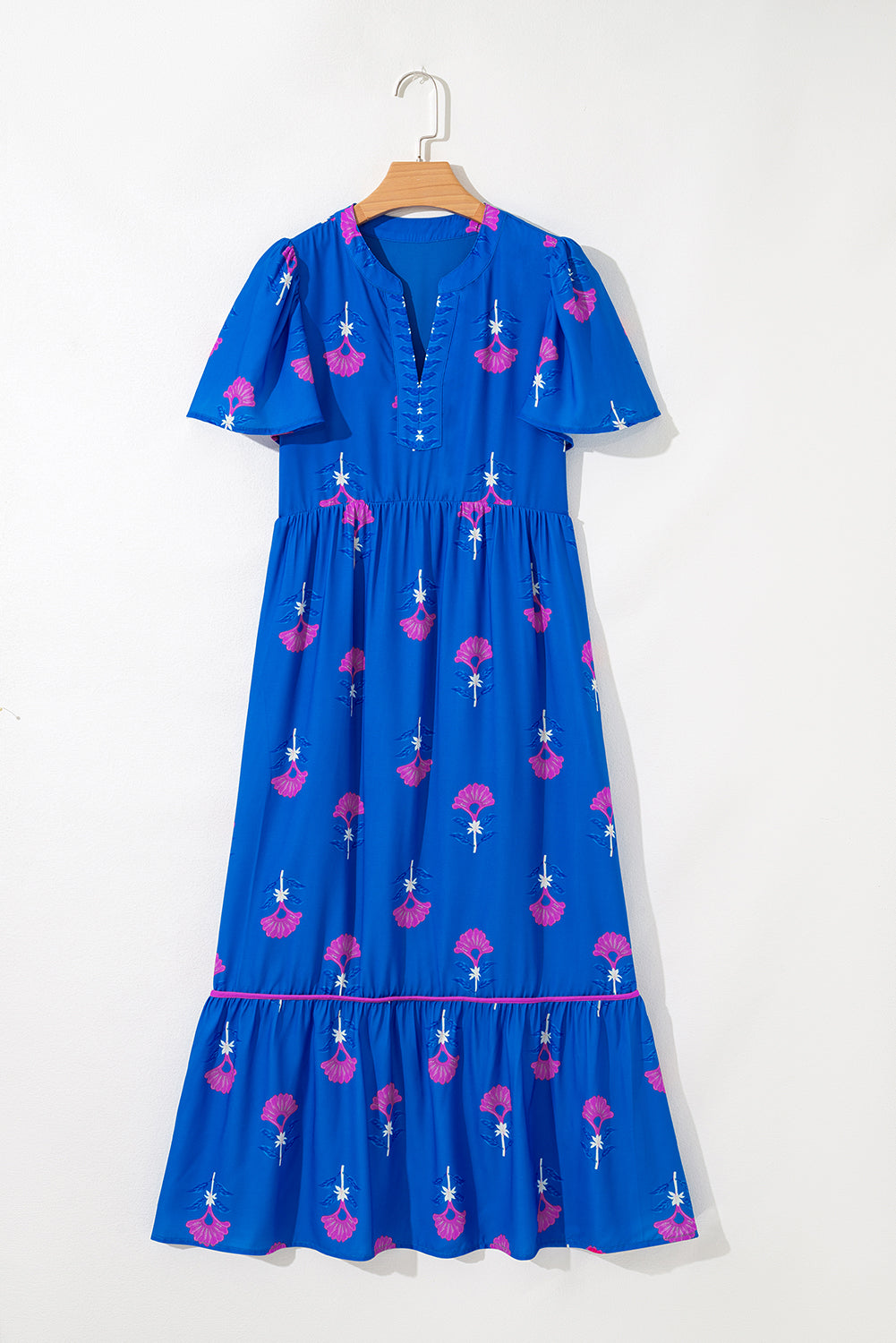 Green Floral Print Notched Neck Flounce Sleeve Midi Dress