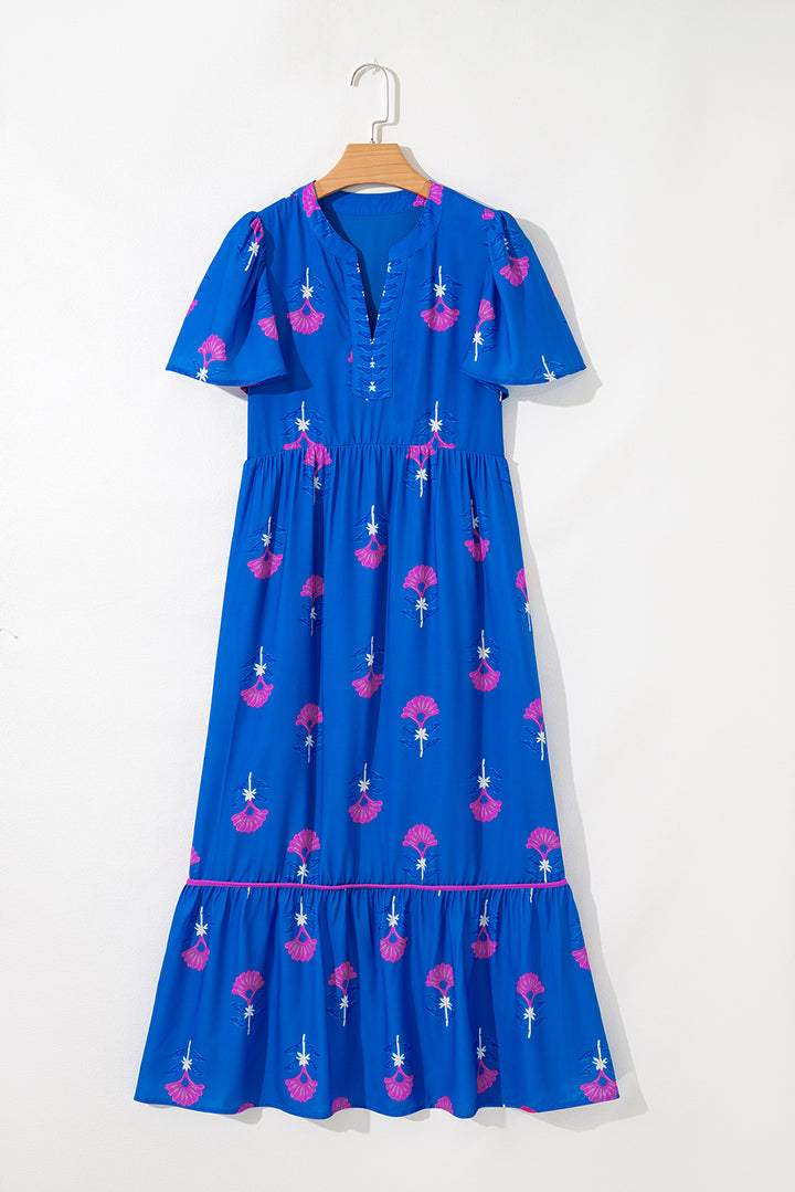 Green Floral Print Notched Neck Flounce Sleeve Midi Dress