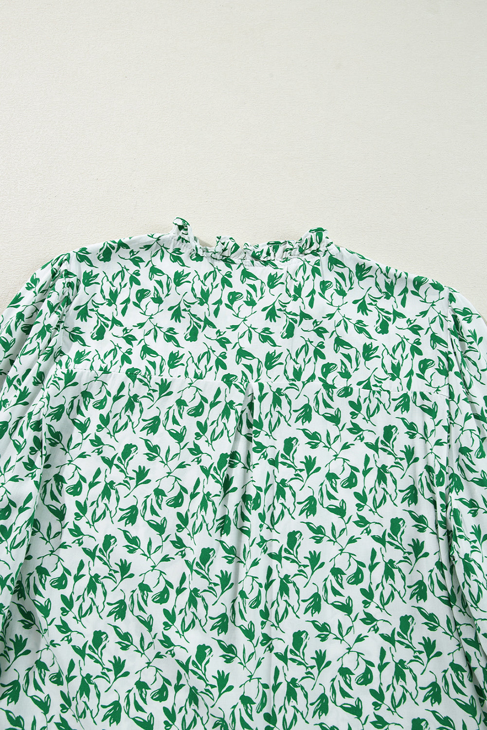 Green Printed Lace Detail Floral Puff Sleeve Fall Shirt