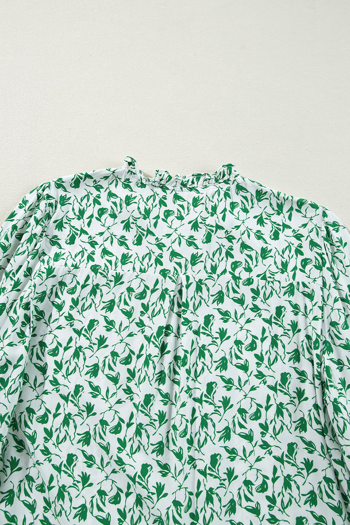 Green Printed Lace Detail Floral Puff Sleeve Fall Shirt