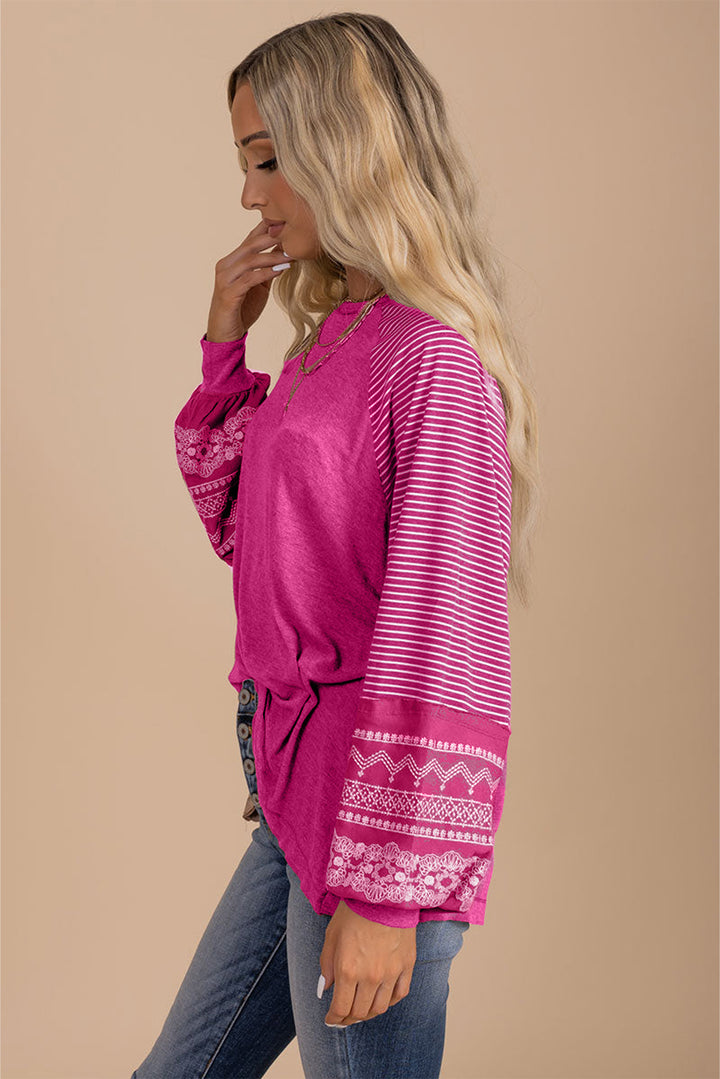 Navy Blue Contrast Print Striped Raglan Long Sleeve Loose Top