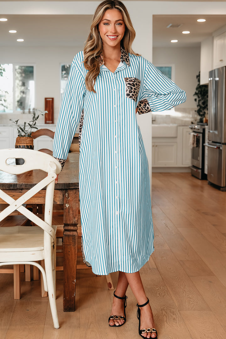 Sky Blue Stripe Contrast Leopard Patchwork Long Shirt Dress with Slits - Lulubelles Clothing and Accessories