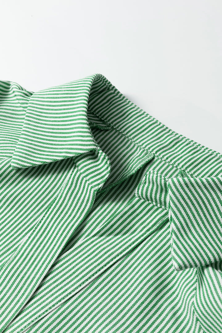 Mint Green Striped Print Collared Split Neck Half Sleeve Blouse - Lulubelles Clothing and Accessories