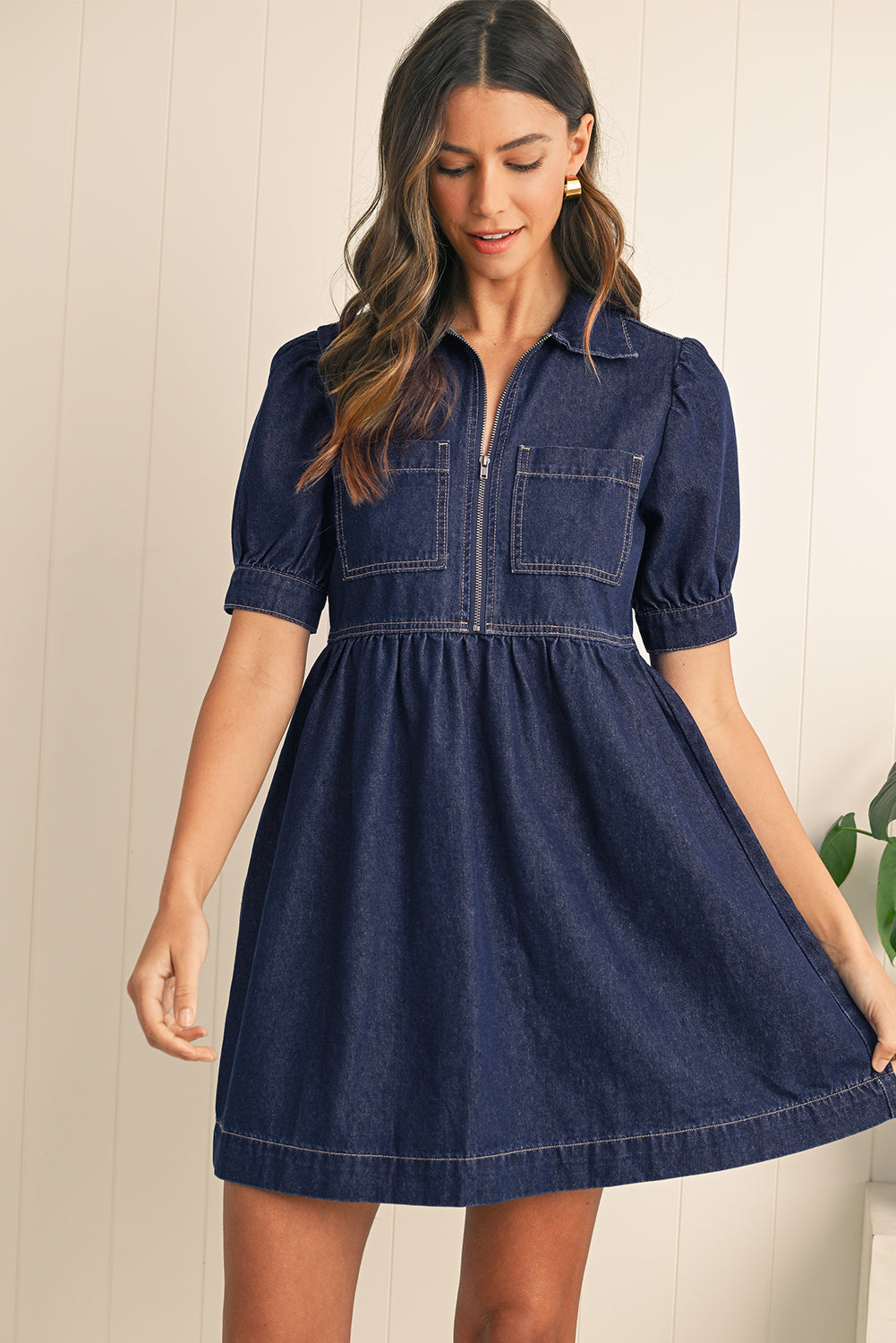 Dirty Blue Puff Sleeve Half Zipper Denim Flowy Dress