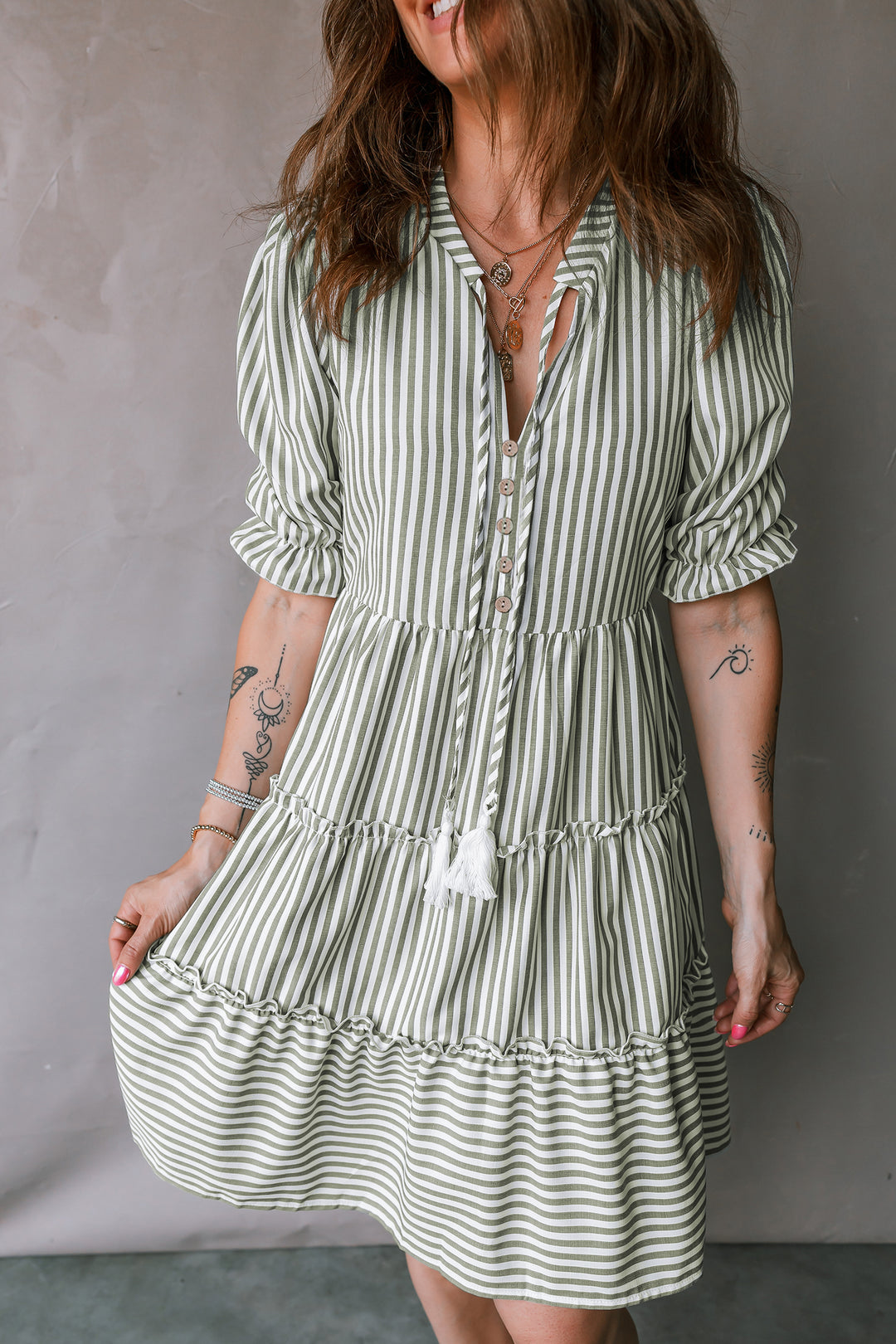 Green Stripe Tasseled Tie Neck Ruffled Short Sleeve Tiered Flattering Dress - Lulubelles Clothing and Accessories