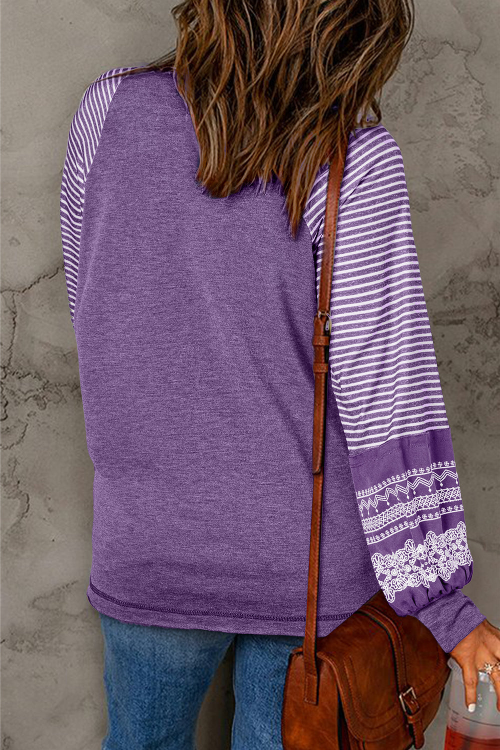 Navy Blue Contrast Print Striped Raglan Long Sleeve Loose Top