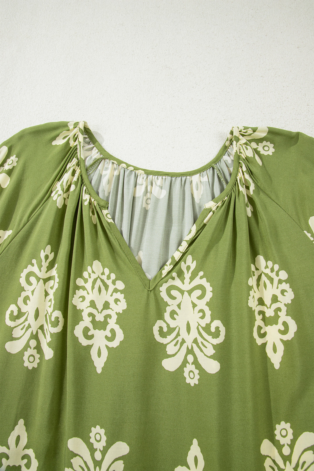 Green Boho Chic Notched V Neck Plus Floral Short Sleeve Top - Lulubelles Clothing and Accessories