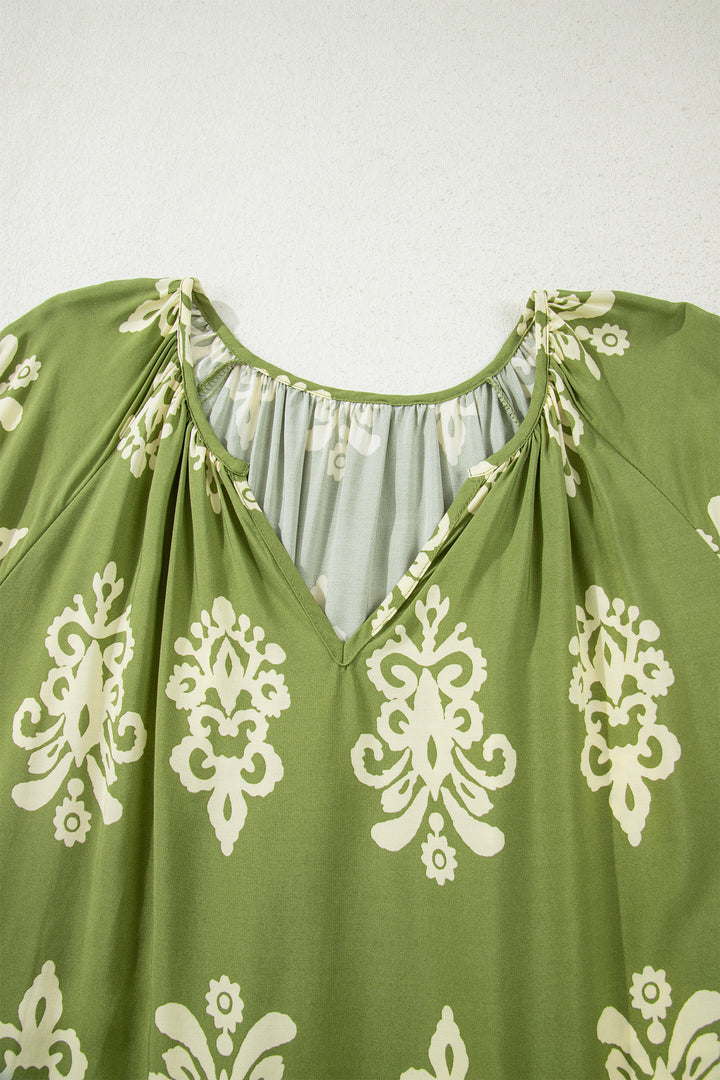 Green Boho Chic Notched V Neck Plus Floral Short Sleeve Top - Lulubelles Clothing and Accessories