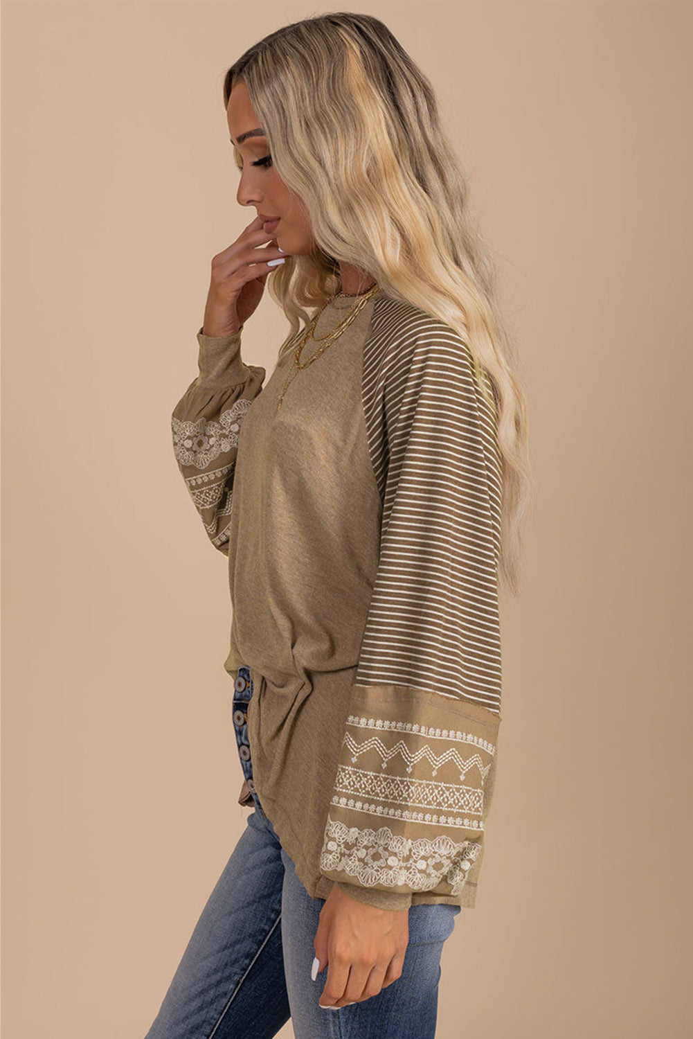 Navy Blue Contrast Print Striped Raglan Long Sleeve Loose Top