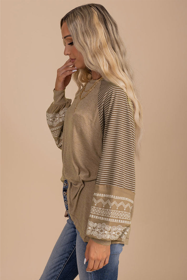 Navy Blue Contrast Print Striped Raglan Long Sleeve Loose Top