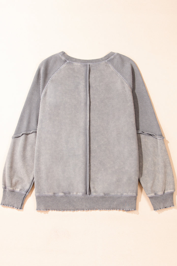 Light Grey Solid Waffle Knit Patchwork Raglan Sleeve Sweatshirt