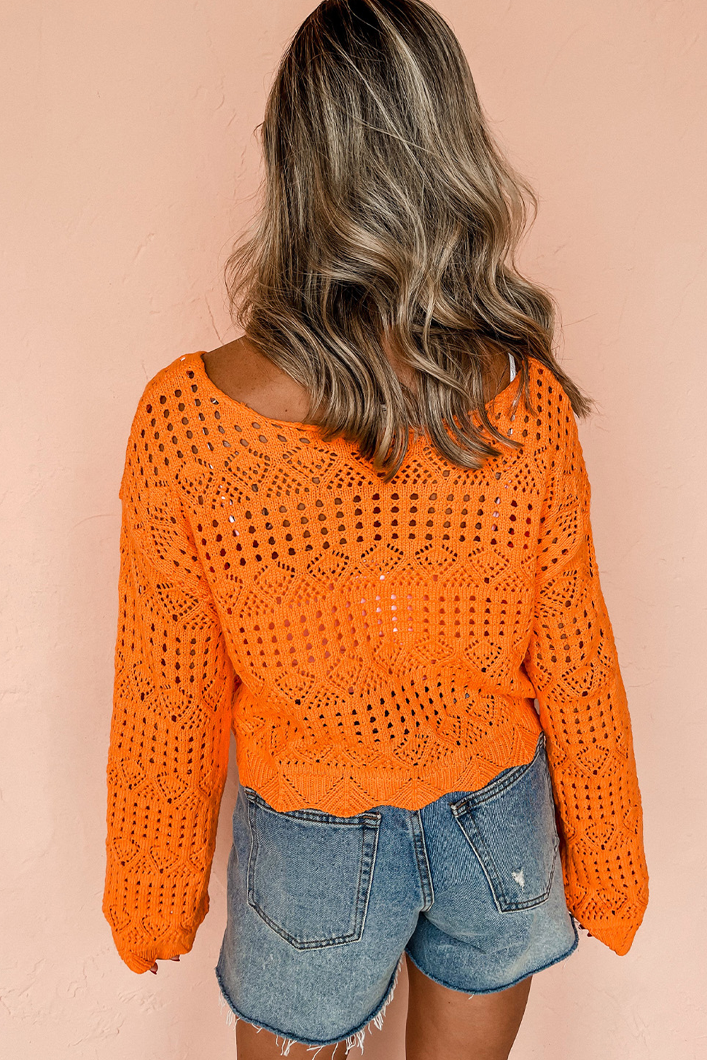 Carrot Solid Color Crochet Scallop Edge Sweater