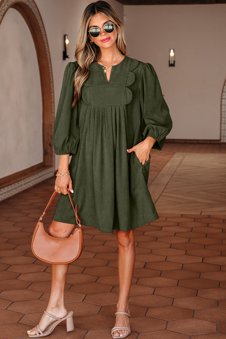 Moss Green Bracelet Sleeve Split Neck Scallop Detail Pleated Corduroy Mini Dress - Lulubelles Clothing and Accessories