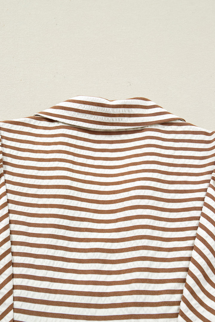 Brown Stripe Shirred V Neck Short Puff Sleeve Blouse - Lulubelles Clothing and Accessories