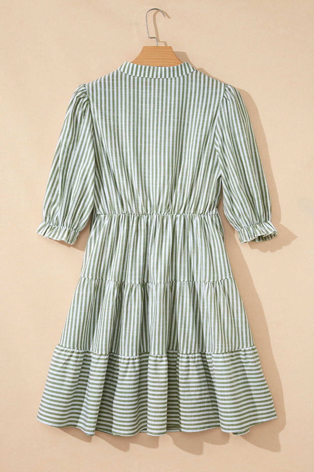 Green Stripe Tasseled Tie Neck Ruffled Short Sleeve Tiered Flattering Dress - Lulubelles Clothing and Accessories