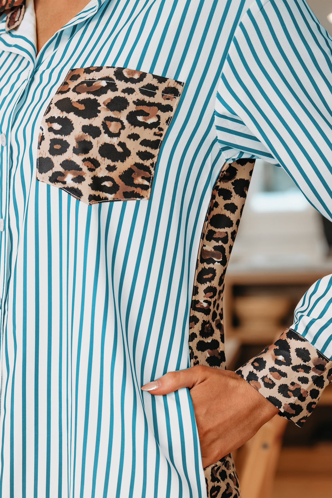 Sky Blue Stripe Contrast Leopard Patchwork Long Shirt Dress with Slits - Lulubelles Clothing and Accessories