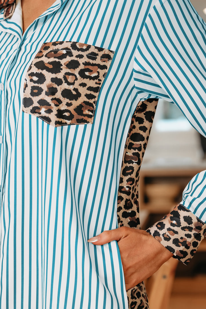Sky Blue Stripe Contrast Leopard Patchwork Long Shirt Dress with Slits - Lulubelles Clothing and Accessories