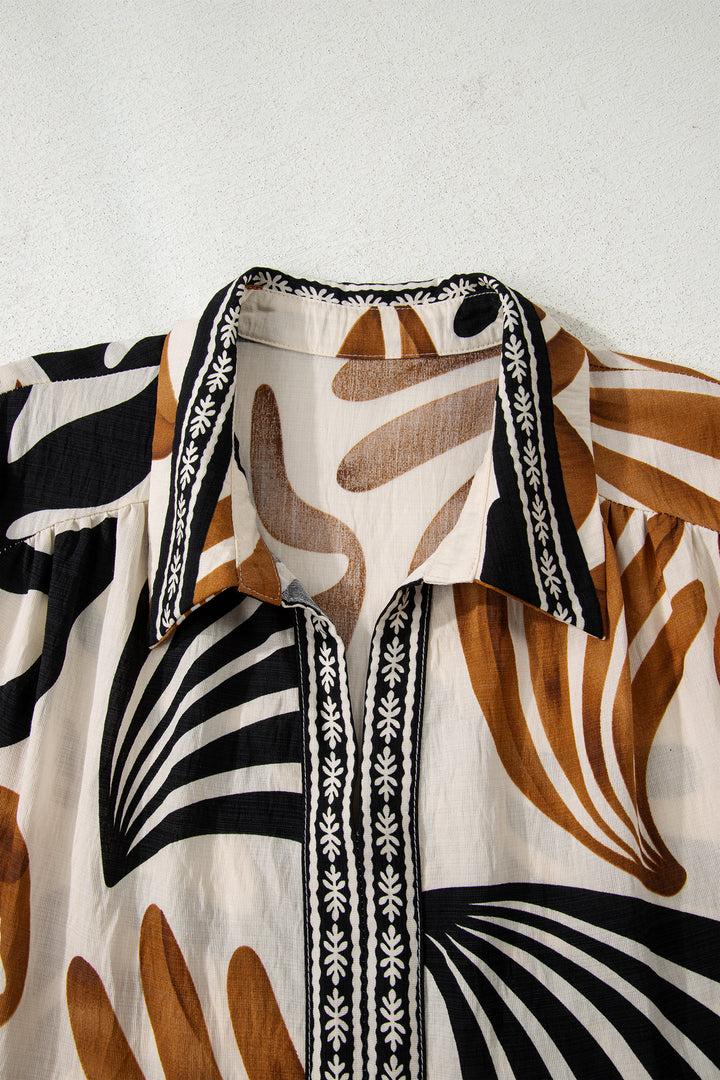 White Plus Size Abstract Print Contrast Collar Split Neck Shift Long Dress - Lulubelles Clothing and Accessories