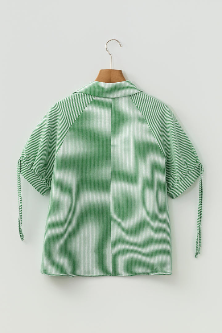 Mint Green Striped Print Collared Split Neck Half Sleeve Blouse - Lulubelles Clothing and Accessories