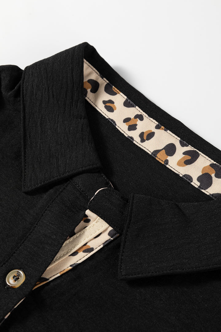 Black Contrast Leopard Print Patchwork Polo Collar Buttons Front Ruffled Long Sleeve Blouse - Lulubelles Clothing and Accessories