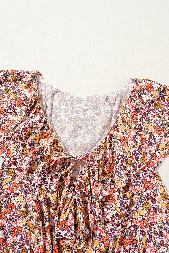 Red Floral Print Knot V Neck Ruffled Sleeve Blouse