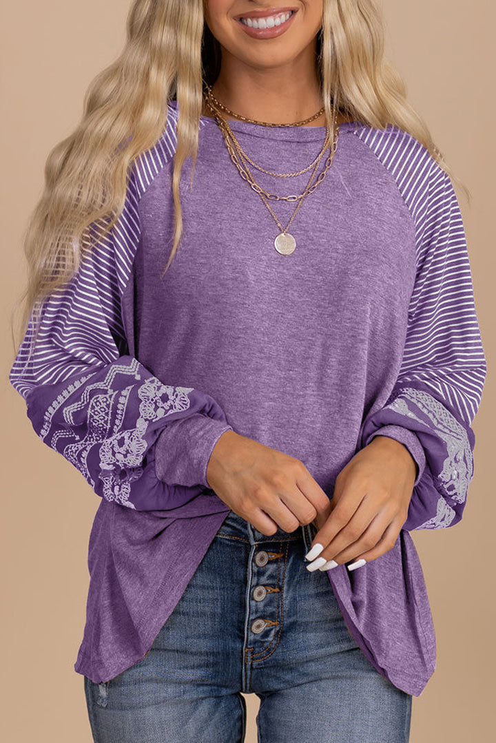 Navy Blue Contrast Print Striped Raglan Long Sleeve Loose Top