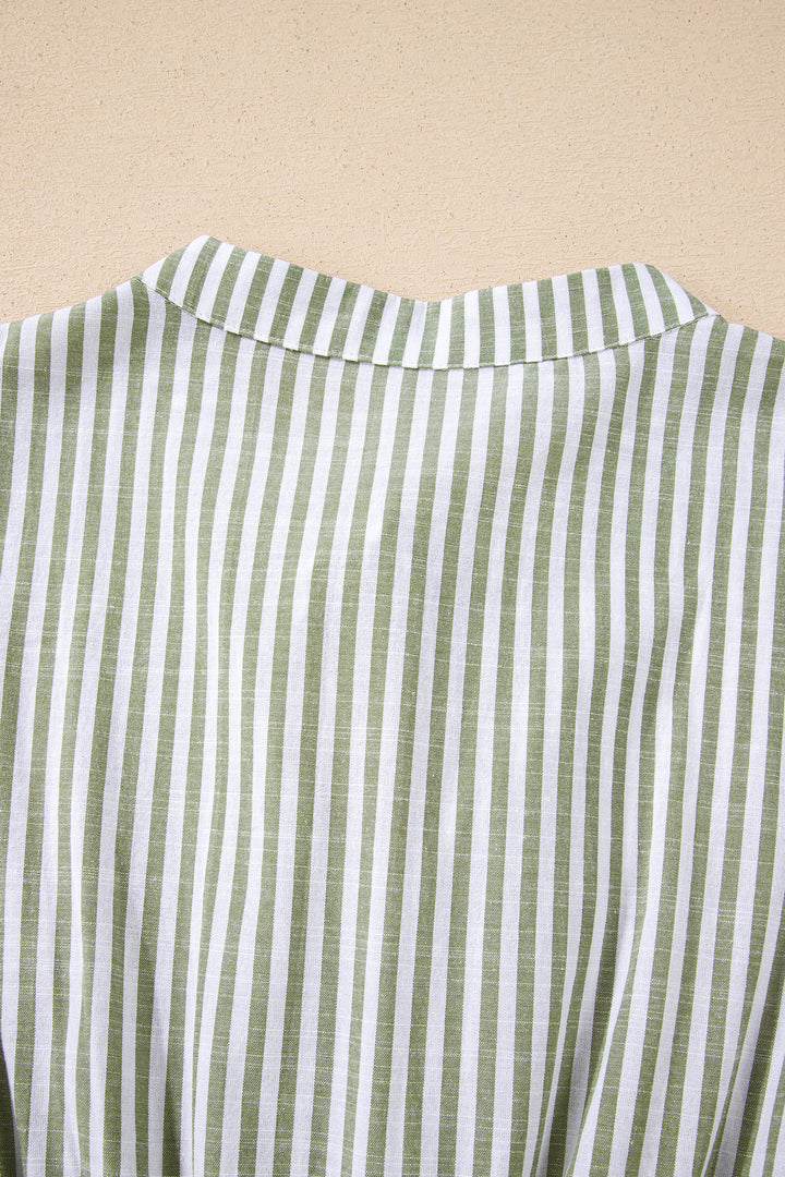 Green Stripe Tasseled Tie Neck Ruffled Short Sleeve Tiered Flattering Dress - Lulubelles Clothing and Accessories