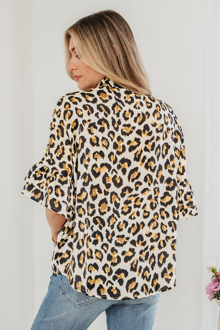 Khaki Leopard Print Ruffle Trim 3/4 Sleeve Loose Shirt - Lulubelles Clothing and Accessories