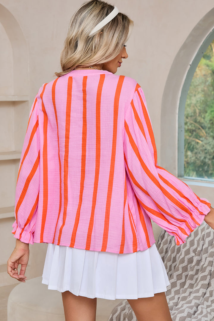 Orange Stripe Crinkle Ruffle Sleeve Loose Top