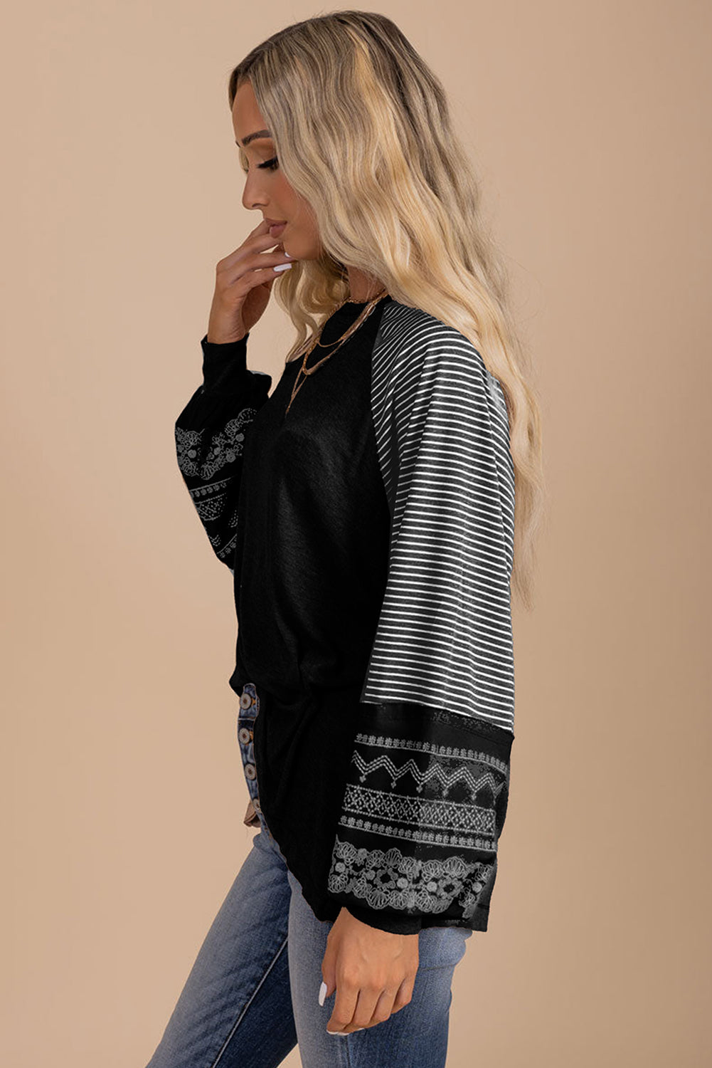 Navy Blue Contrast Print Striped Raglan Long Sleeve Loose Top