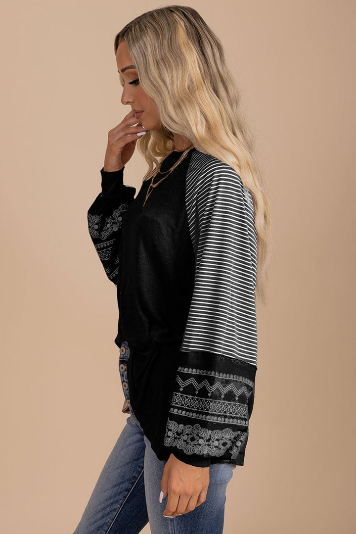 Navy Blue Contrast Print Striped Raglan Long Sleeve Loose Top