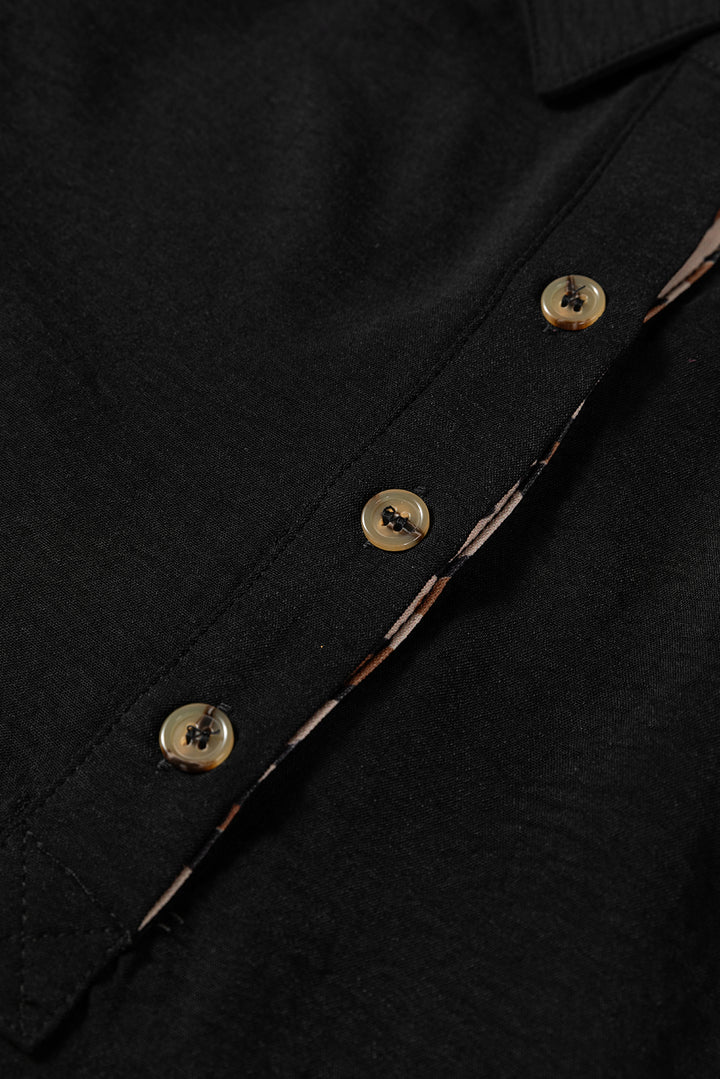 Black Contrast Leopard Print Patchwork Polo Collar Buttons Front Ruffled Long Sleeve Blouse - Lulubelles Clothing and Accessories