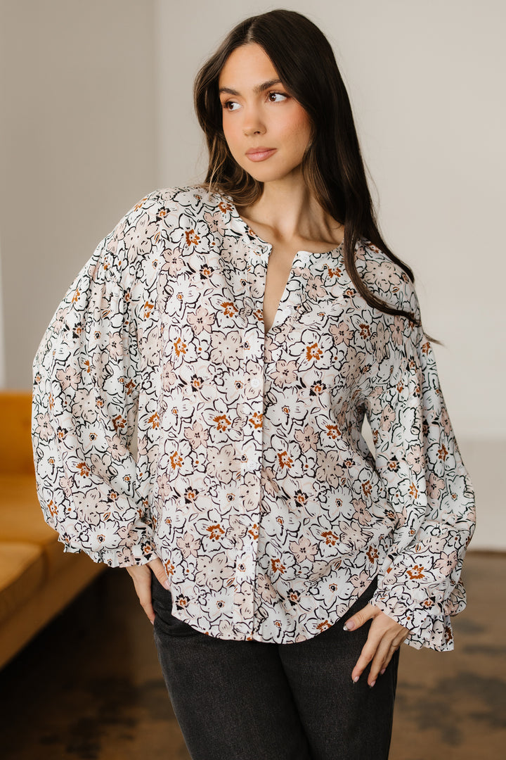 Khaki Bold Floral Print Frilled Puff Sleeve Button Down Shirt - Lulubelles Clothing and Accessories
