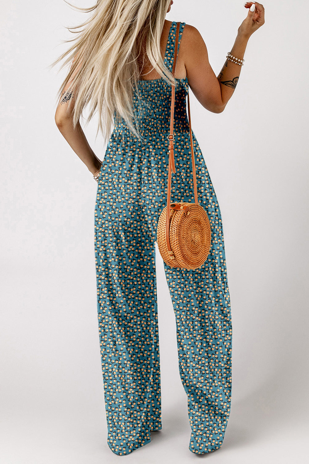 Purple Floral Square Neckline Stretch High Waist Jumpsuit