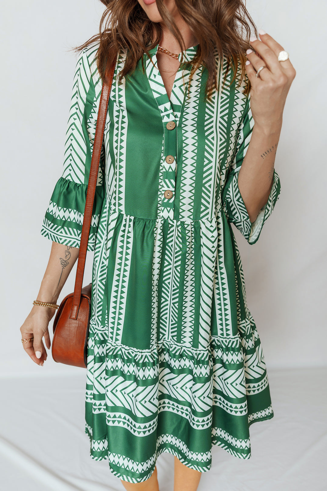 Green Boho Ethnic Print Half Button 3/4 Sleeve Casual Dress - Lulubelles Clothing and Accessories