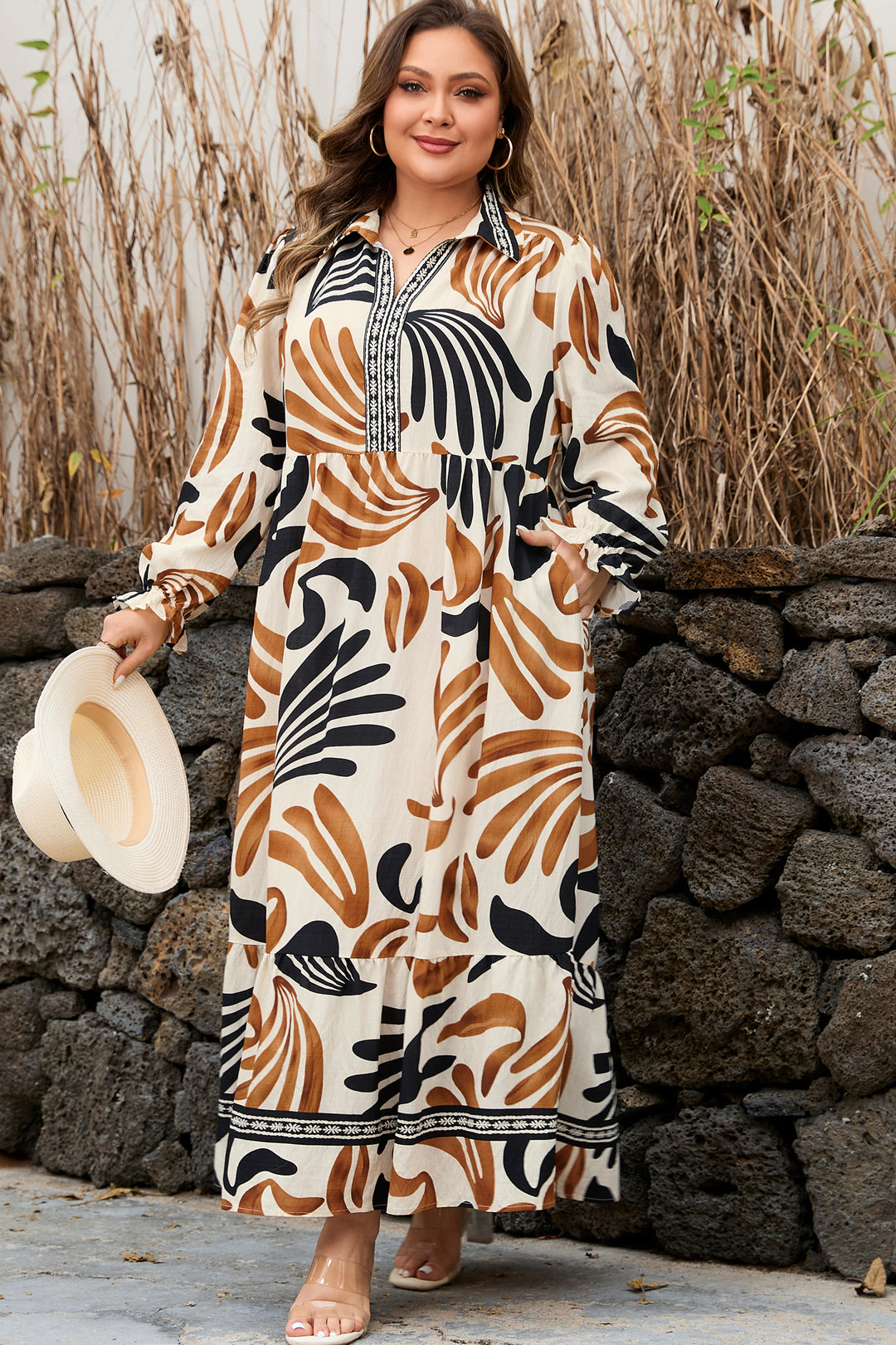 White Plus Size Abstract Print Contrast Collar Split Neck Shift Long Dress - Lulubelles Clothing and Accessories