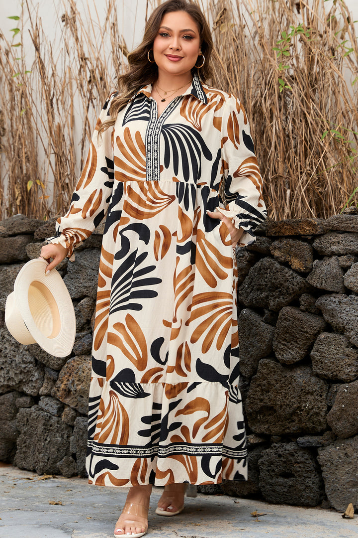 White Plus Size Abstract Print Contrast Collar Split Neck Shift Long Dress - Lulubelles Clothing and Accessories