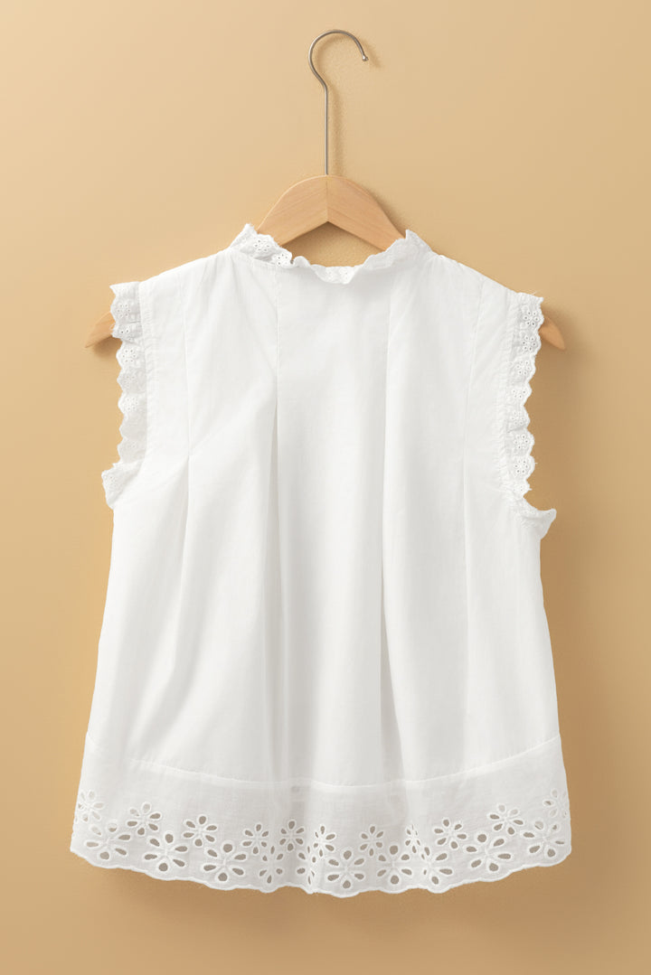 White Solid Color Lace Crochet Eyelets Sleeveless Buttoned Shirt