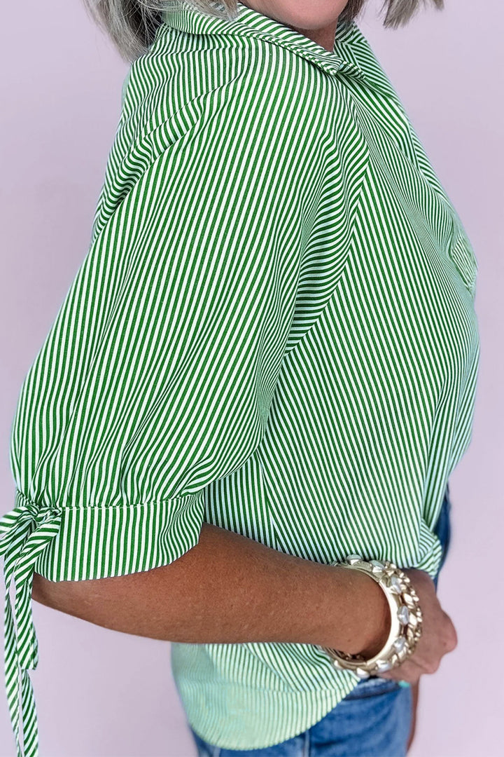 Mint Green Striped Print Collared Split Neck Half Sleeve Blouse - Lulubelles Clothing and Accessories