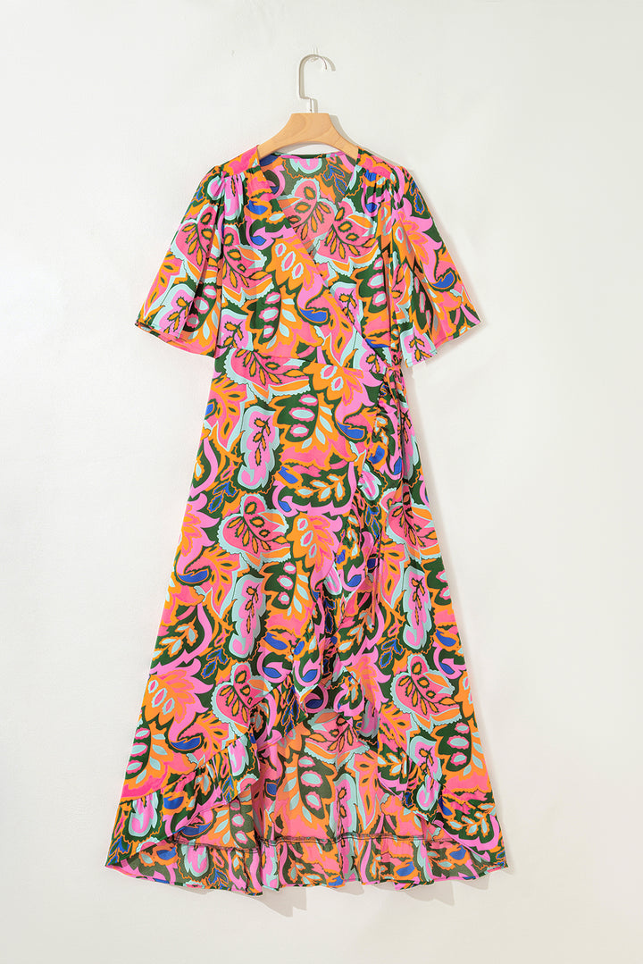 Rose Summer Plant Print Surpliced V Neck Ruffled Asymmetric Slit Wide Short Sleeve Maxi Dress - Lulubelles Clothing and Accessories