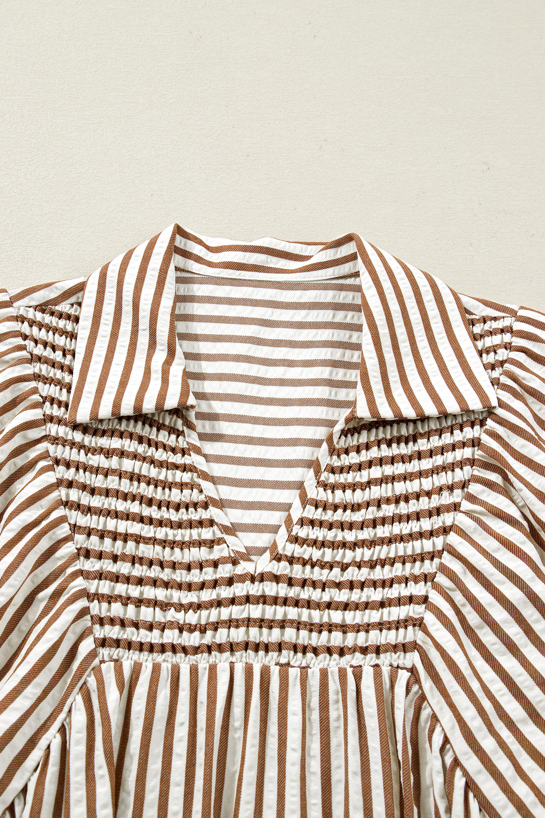 Brown Stripe Shirred V Neck Short Puff Sleeve Blouse - Lulubelles Clothing and Accessories