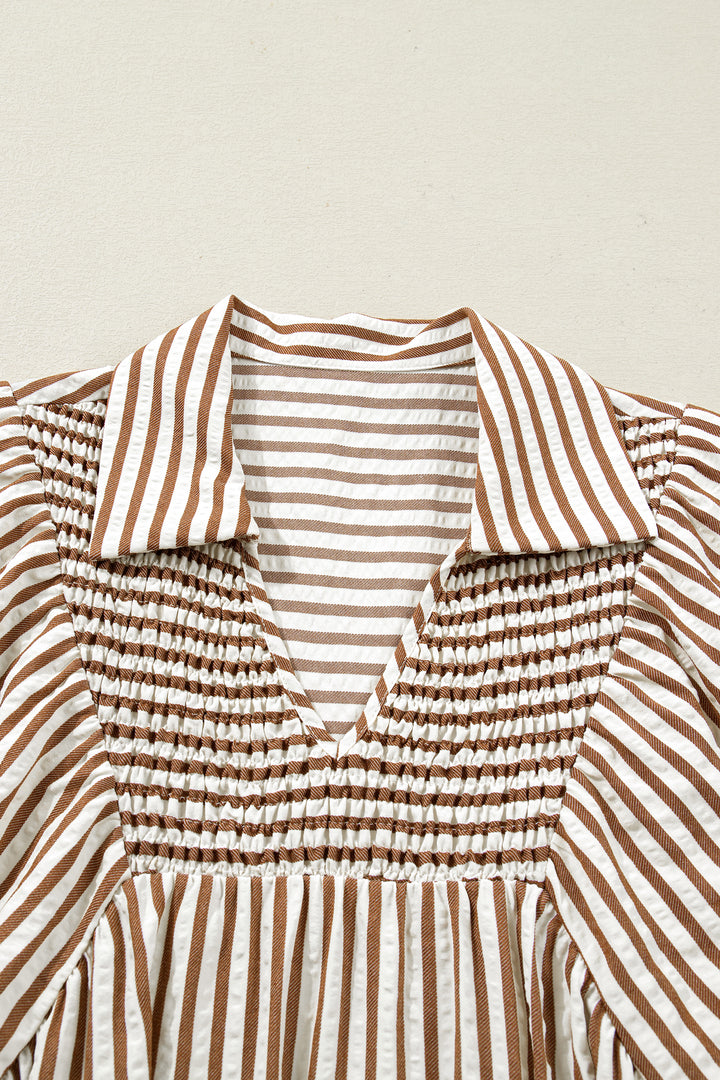 Brown Stripe Shirred V Neck Short Puff Sleeve Blouse - Lulubelles Clothing and Accessories