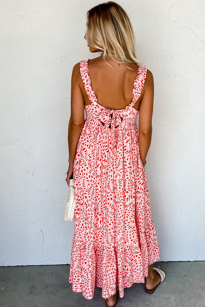 Pink Geometric Print Knot Back Sleeveless Ruffle Hem Dress