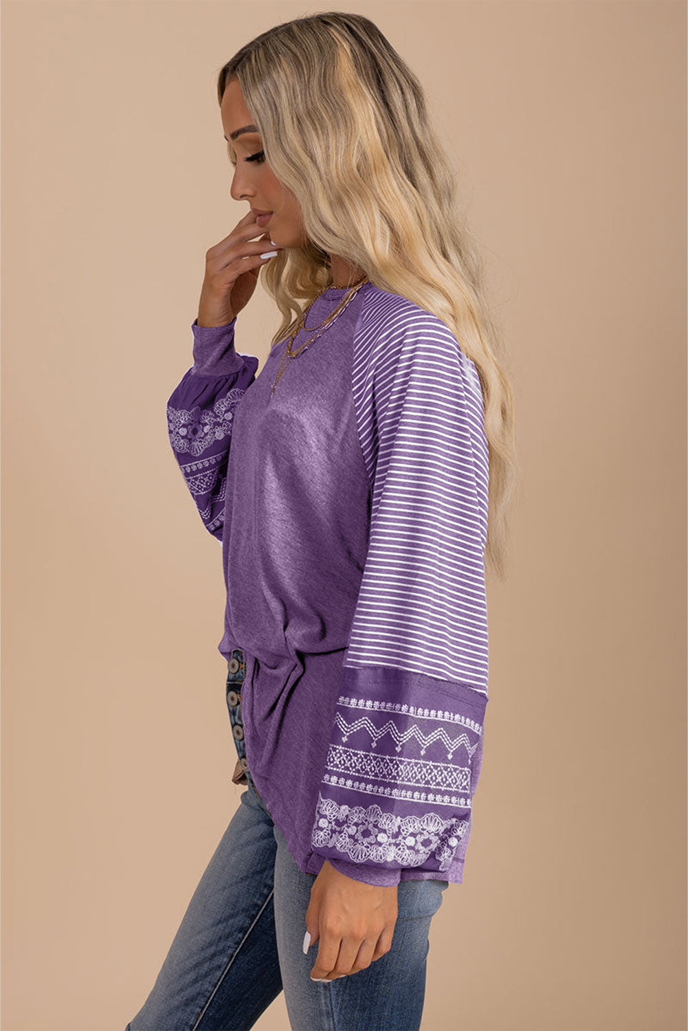 Navy Blue Contrast Print Striped Raglan Long Sleeve Loose Top