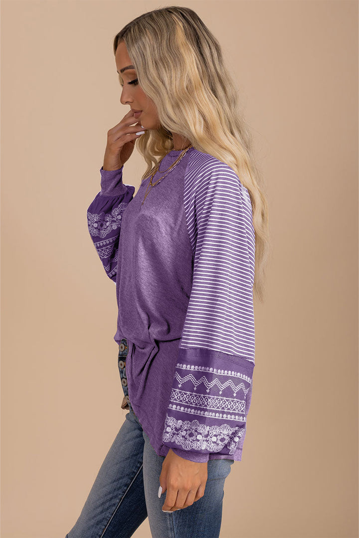 Navy Blue Contrast Print Striped Raglan Long Sleeve Loose Top