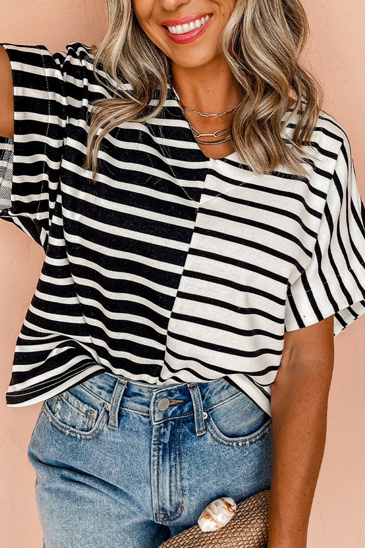 Black Stripe Two Tone Colorblock V Neck T Shirt