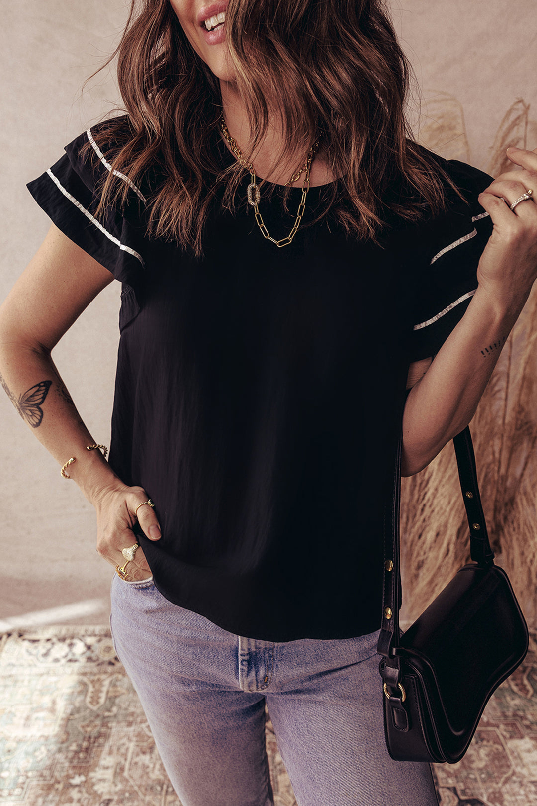 Black Contrast Trim Dual Ruffle Short Sleeve Textured Blouse - Lulubelles Clothing and Accessories