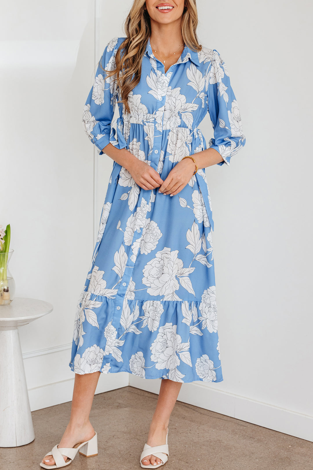 Sky Blue Floral Print Shirt Collar Button Down 3/4 Sleeve Ruffle Hem Long Dress - Lulubelles Clothing and Accessories